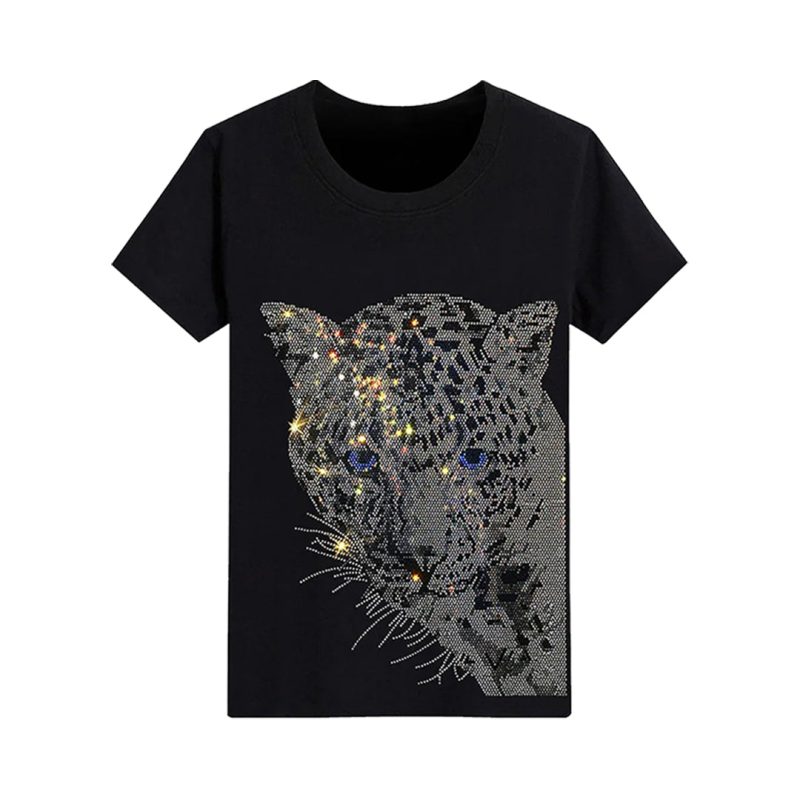 Leopard Print Fashion Drizzle Rhinestone T-shirt
